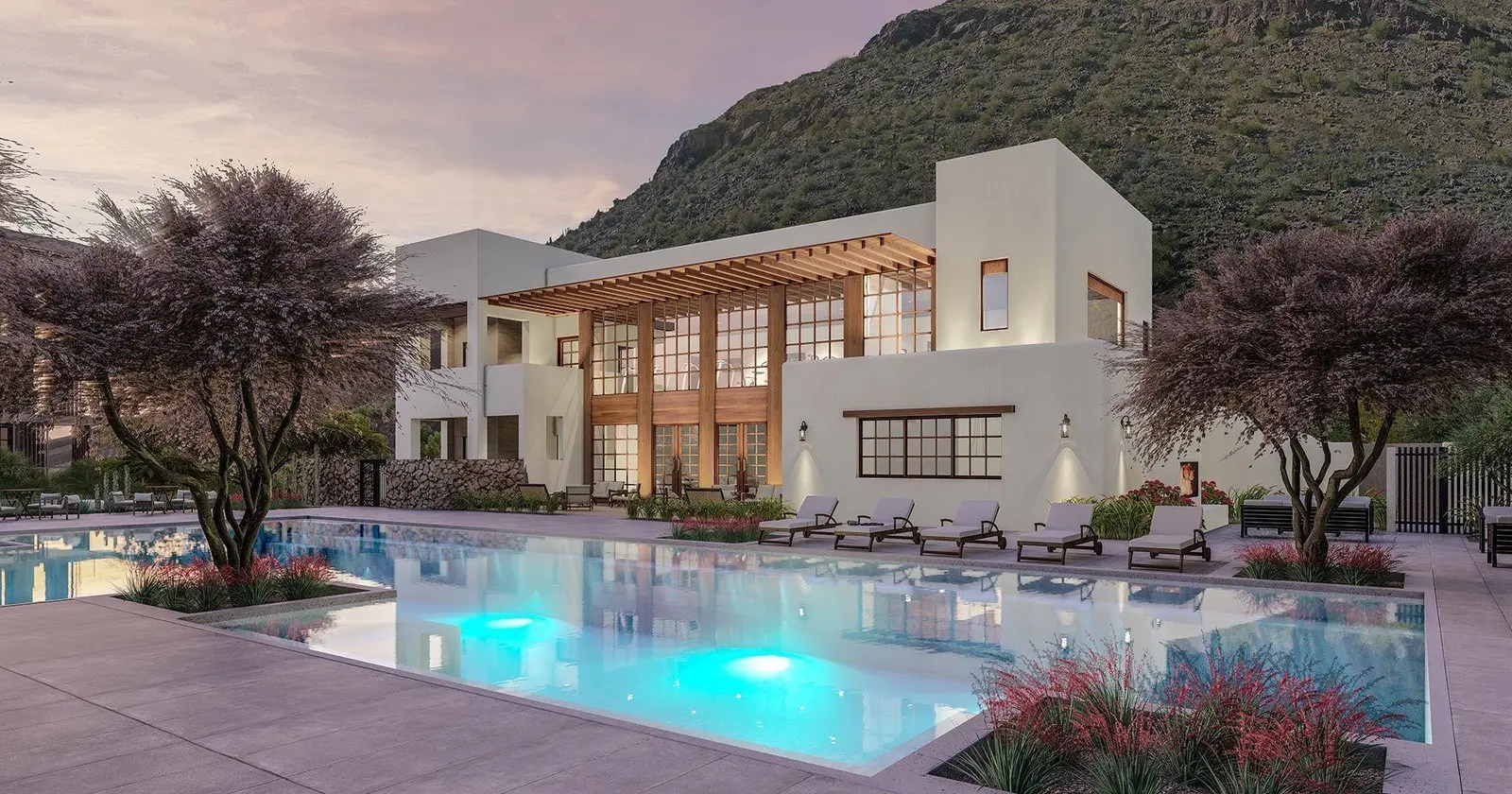 The Mountain Club and pool at dusk at Ascent at The Phoenician