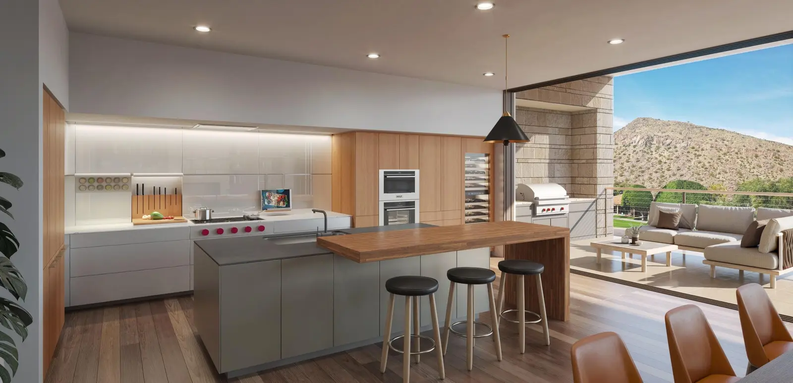 Kitchen with Camelback Mountain views inside an Ascent at The Phoenician residence
