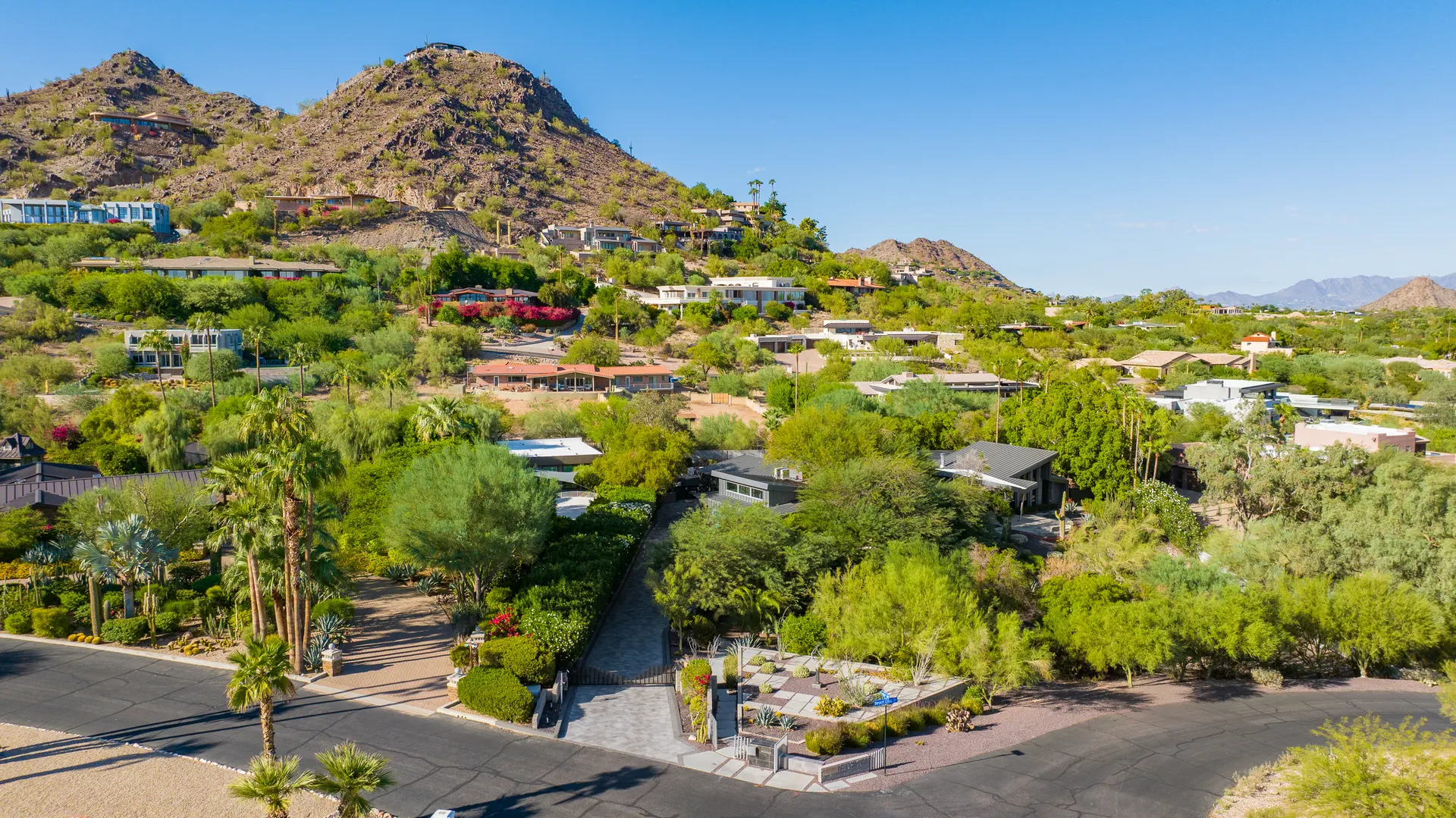Aerial view of the Biltmore corridor and Camelback Mountain in Phoenix